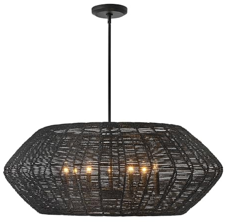 Hinkley Luca Large Seven Light Convertible Drum Pendant Chandelier – Lisa McDennon, Bohemian, Coastal, Black Woven Shade – Black Finish