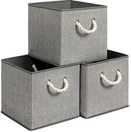 SONGMICS Aufbewahrungsboxen, 3er Set, Stoffboxen ohne Deckel, mit Griffen, 30 x 30 x 30 cm, Leinenoptik, grau RFB016G01