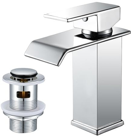 WasserRhythm Grifo mezclador de lavabo de cascada con desagüe emergente, monomando cuadrado, monomando moderno, monomando de acero inoxidable con desagüe ranurado, cromado
