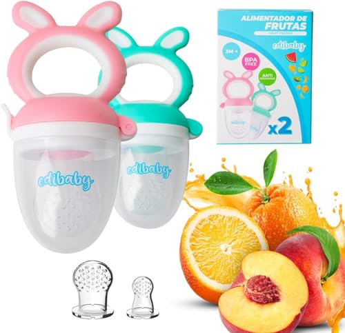 Edibaby, Grignoteuse Bébé, Sucette Bebe, pour Fruit, Tétine Anti-étouffement, Jouets de Dentition pour Enfants, 2 Sucettes + 4 Tétines en Silicone sans BPA (Rose et verde)