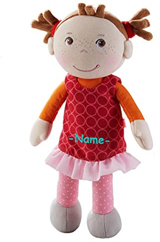 Haba Kuschelpuppe individuell Bestickt mit Name | Kleine Puppe mit Stoffkörper ca. 25 cm | Babypuppe ab 1 Jahr für Jungs und Mädchen | Haba Puppe waschbar & anziehbar | Geschenk für Geburt