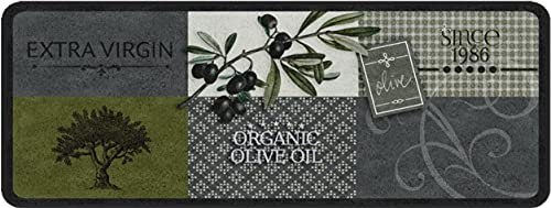 oKu-Tex Alfombra de diseño para Cocina, de Pelo Corto, Color Verde y Gris, Lavable y Antideslizante, Estilo Vintage Retro, Olivas, 50 x 120 cm
