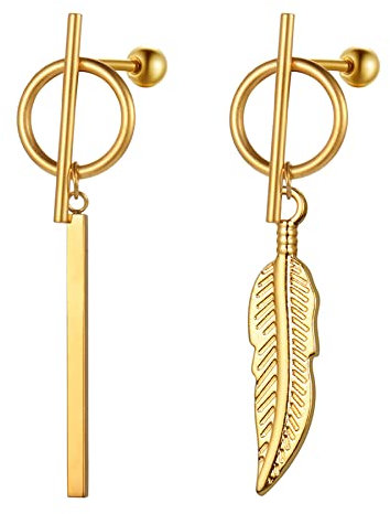 Flongo Damen Asymmetrische Ohrringe Ohrstecker Creolen Ohrhänger in Gold Stecker mit hängenden Feder Anhänger für Frauen