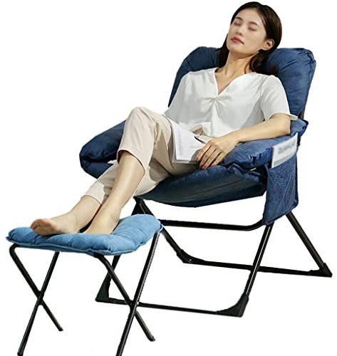 DUNAKE Sessel Relaxsessel, Klappbarer Relaxsessel Mit Hocker, Gepolsterter Lounge Sessel Mit Seitentasche, 3-Fach Verstellbarer, Gepolsterter Freizeitsitz Für Zimmer (Color : Blue B)