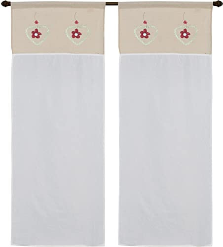 1 Paar Scheibengardinen Art Orleans Shabby Stoff in Leinenoptik aus Polyester mit kariertem Querbehang und drei aufgesetzten Herzen (Größe 60 x 240 cm, Blumenbordo)