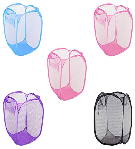 HOMESHOPA Laundry Baskets Pop Up Mesh Washing Bag, 5 Pack Foldable Laundry Hamper Bin Bag with Durable Handles & Side Pocket, Collapsible Clothes Toy Tidy Storage Organiser, Assorted Colours