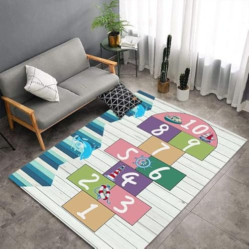 Teppich Kinderzimmer Delphin-Wachturm-Hüpfspiel-Spiel, Ultraweiche Lernmatten für Kinder-80x160cm