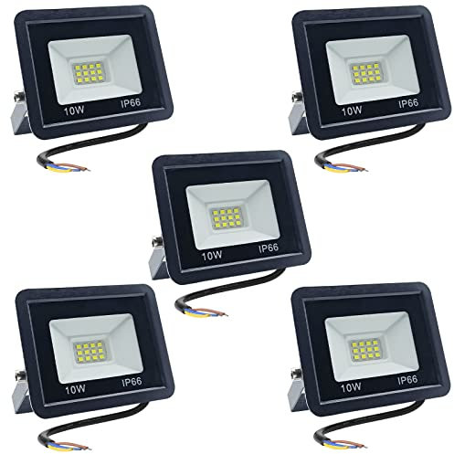 Meision Strahler Außen 10W, Scheinwerfer Warmweiß 3000K IP66 Wasserdicht, 850LM Superhell Aluminium Flutlicht, Außenstrahler für Hof, Garage, Garten, Flur, 5 Stücke