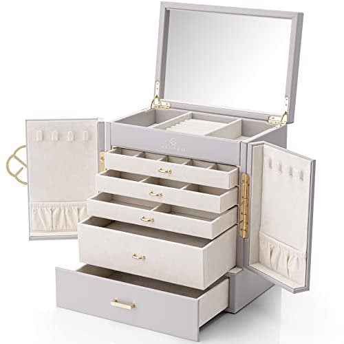 Vlando Große 5-lagige Schmuckschatulle, PU-Leder Schmuck-Organizer mit abnehmbarem Schmucktablett für Halskette, Ohrringe, Ringe, Armbänder, Schmuckaufbewahrung, Vitrine für Frauen, Geschenk, Grau
