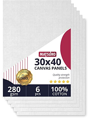 MATSURO Canvas Panels 30x40cm Watercolour Board for Painting | White Board Art Set with 16 x 12 Inch Oil Painting Paper, 100% Cotton 280gms White Acrylic Sheet A3 | 6 Pieces