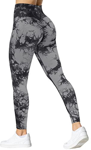 TAYOEA Damen Tie Dye Sport Leggings Gym Workout Blickdicht Push Up Leggings Seamless Fitnesshose Hohe Taille Sporthose Tie Dye Schwarzgrau,M