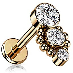 Treuheld® Labret Piercing mit 3 Kristallen und Verzierung | Größe: 1.2mm x 8mm | Farbe; Rosegold