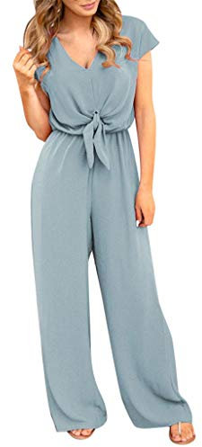 Damen Kurzarm Lang Jumpsuit Elegant Overall Jumpsuits O-Ausschnitt Playsuit Romper Hosenanzug mit Gürtel S-3XL (Rosa, S)