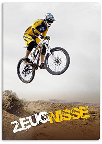 itenga Zeugnismappe mit Motiv DIN A4 stabile Dokumentenmappe Sichtbuch für Zeugnisse - 20 stabile Hüllen - für Kinder Jugendliche Schüler Mädchen Jungen (Motiv Downhill Mountainbike)