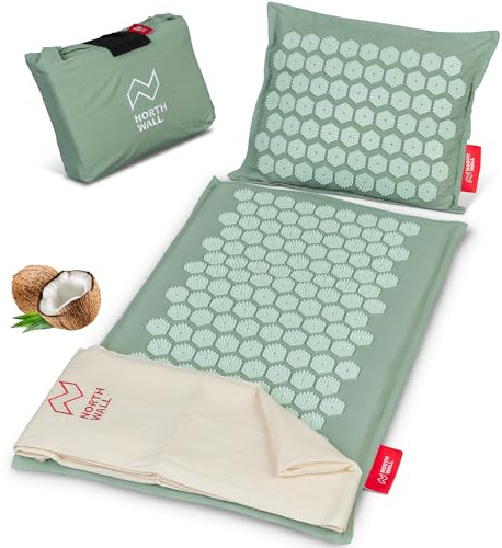 Northwall Akupressurmatte Set, Eco Massagematte mit Kissen, Tuch & Tasche, Hilfe bei Rückenschmerzen, Streß & Verspannungen, Massage Matte mit Kissen & Tasche, Akupunkturmatte