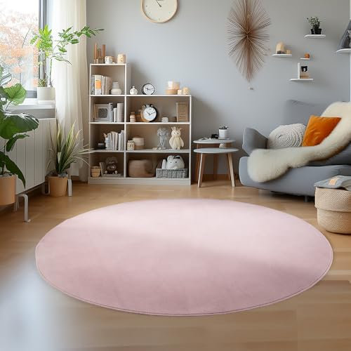 Teppich Wohnzimmer Schlafzimmer Esszimmer Läufer Flur Flauschiger Teppich Waschbar rutschfest Soft Weich Carpet Kurzflor Größen, Rosa, 160 cm Rund