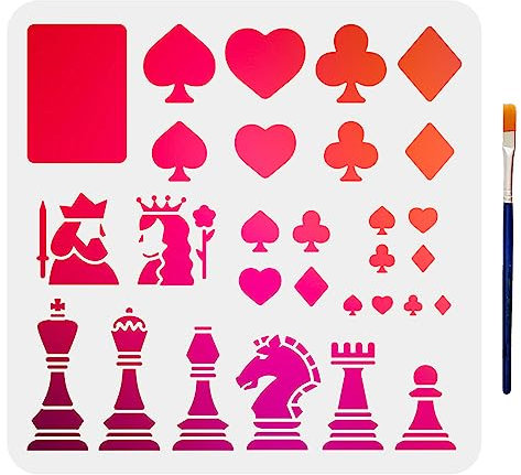 MAYJOYDIY Spielkarten Schachschablonen 30 x 30 cm Herzen Clubs Diamanten Pik Schablone Internationale Schachfiguren Zeichenschablone mit Pinsel für Kunst Handwerk auf Wand Möbel Holz