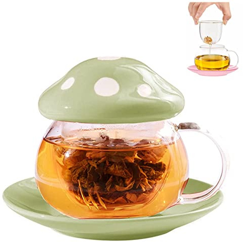 TUHNHGD Tasse Champignon, Tasse Transparente, Verre à Cappuccino, Tasses En Verre, Avec Sous-Verre, Couvercle De Tasse, Passoire à Thé, 290ml (Vert)
