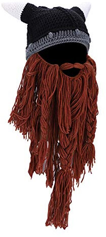 Kuuleyn Bärtige Wikinger-Mütze, Herrenkopf-Barbaren-Bart-Mütze, wikingermütze Winter,Warmer Piraten-Horn-Stil, Gestrickt, Gehäkelt, Slouch, Baggy-Baskenmütze, Hörner(Kaffee)