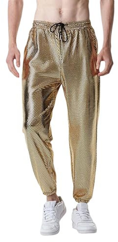 DELIMALI Mens Metallic Shiny 70s/80s Party Shiny Jogger Disco Pants Drawstring Waist Party Nightclub Dance Rave Cosplay Trousers (A-Gold, S)