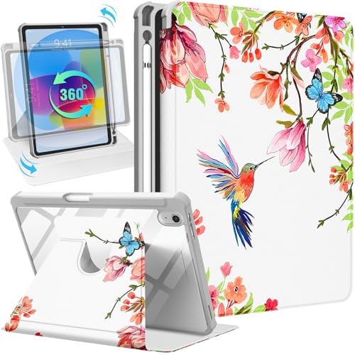SurgeCraft Étui pour iPad 10e génération 10,9 po 2022, support rotatif à 360 degrés avec porte-crayon pour femmes et filles, housse folio motif fleur, oiseau, fille, unique pour Apple iPad 10e