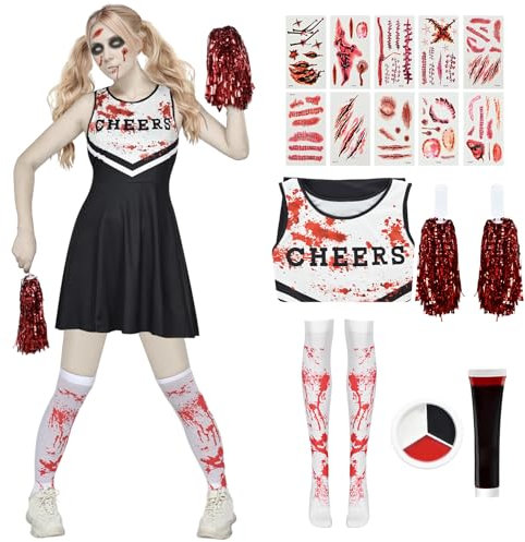 HarnyLoom Halloween Cheerleader Kostüm Kinder Erwachsene Zombie Cheerleader Kleid Mädchen Frauen Outfit Blutige Pom Poms Kunstblut Aufkleber Tote Gruselige Partys Verkleiden (SCHWARZ-Erwachsener, M)