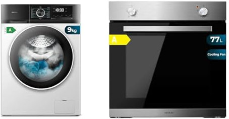 Cecotec Lavadora 9Kg Carga Frontal Bolero Dresscode 9500 Inverter A 1900W, 1400 rpm & Horno Integrable Bolero Hexa C126000 Line+ A 2800 W, Capacidad de 77 Litros, 4 Funciones