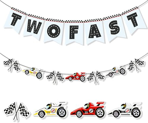 FEXICHUJI Two Fast Birthday Banner,Vintage 2 Fast Birthday Decorations,Racing Car Theme Party Decorations,2nd Birthday Photo Backdrop Props for Boys