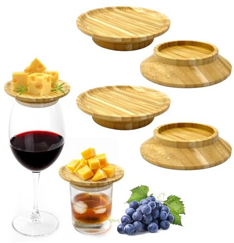 Lot de 4 couvercles pour verres à vin - Accessoires de fête - Couvercle en verre - Dessous de verre en bois pour verres à vin - Charcuterie Board - Assiettes à apéritif