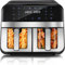 Dual Zone Heißluftfritteuse mit Sichtfenster, 9L XL Kapazität Doppel-Airfryer, 2 Schubladen, 8-in-1 Kochvorgaben, Touchscreen, Smart und Timer-Funktion, Gesunde Friteuse ohne Öl und fettarmes Kochen.