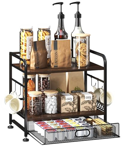 IBEDMAZIE Coffee Bar Organizer with Drawer for Countertop Station,3-Tier Shelf for Home,Office,Coffee Cup Holder Storage Organization for Counter Accessory Storage Rack with 4 Hooks Space-Saving