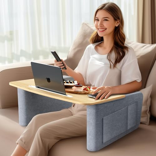 IKIKAKI Plateau TV pour manger sur le canapé avec fente pour tablette et téléphone, plateau de table de lit pour manger et ordinateur portable avec accoudoirs, coussin de bureau pour le travail,