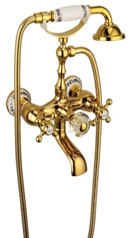 Robinet De Baignoire Robinet Douche Mural Retro Traditionnel Style Laiton Double Poignée Mitigeur De Baignoire Avec Douchette Et Flexible De Douche (150cm), Robinet De Salle De Bain, Doré