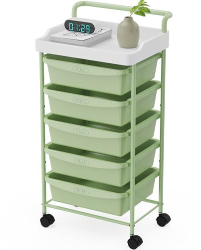 johgee 5 Drawers Plastic Storage Cart, Rolling Storage Trolley on Wheels, Multipurpose Mobile Organizer Shelving Unit with Lockable Wheels, Utility Storage Cart for Living Room, Bedroom, Office, Green