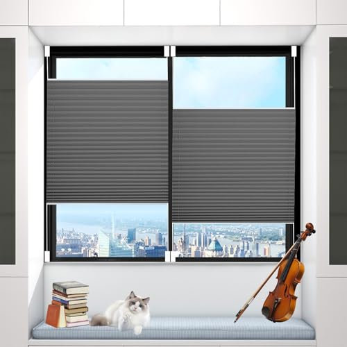 Pleated Blind 110 x 180 cm (Wxh), No Drill, Privacy Protection Clip in Paper Blinds Easy Fit Install, with 4 Clips for Windows Patio, Dark Grey