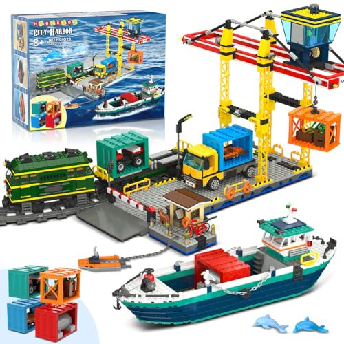 HOGOKIDS City Hafen mit Containerkran Bauspielzeug – Schiff, Zug, LKW, 4 Container mit Frachthafen Bausteinen | Technik Spielzeug für Erwachsene Teen Kinder, Mädchen Jungen ab 8+ Jahre (1373 Teile)