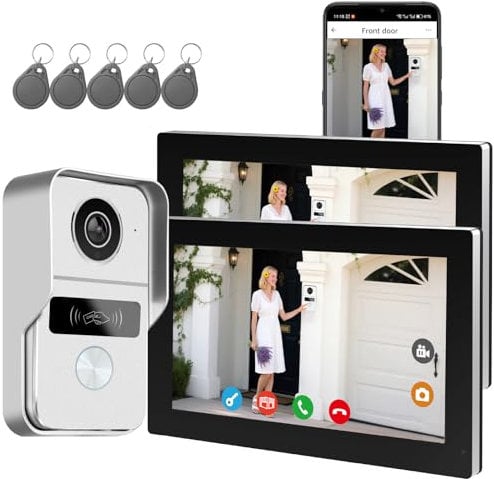 Videoportero Smartphone 2 Hilos, Timbre Video Mirilla y 7'' Pantalla Táctil, Visión Nocturna, Desbloqueo Remoto, Audio Bidireccionall para Chalet,casa, Oficina con 1 cámara y 2 monitores