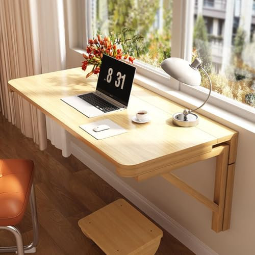 CHZIMADE Wall Mounted Table Folding Floating Desk Solid Wood Drop-Leaf Laptop Desk Hanging Table for Study Work with Brackets