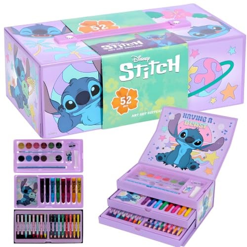 Disney Lilo & Stitch Ensemble d'art pour enfants | Trousse de papeterie de coloriage 52 pièces avec marqueurs, crayons, crayons et plus encore | Mallette d'art créatif Stitch pour dessin et coloriage