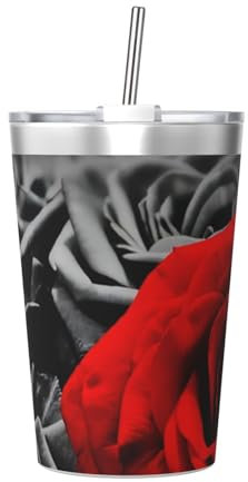 QGWDYYJQ Mug isotherme portable avec paille conique Motif roses noires blanches et rouges 355 ml
