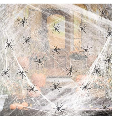 HASAIKA® Halloween Deko Spinnennetz, 200 g Dehnbare Spinnennetze, 20 Künstliche Spinnen, Perfekt für Halloween Dekorationen, Veranden, Höfe, Partys (weiß)