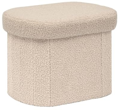 Bonlife Small Ottoman Storage Stool, Oval Folding Boucle Footstool, Foldable Foot Rest, for Living Room, Bedroom, Dorm,41x31x31cm(With Lid),Beige