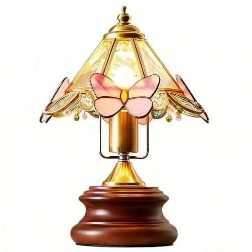 OOWDMPE Tiffany Butterfly Tischleuchte Holz E27 Tischlampe mit Kabel und Stecker Vintage Nachttischlampe Glas Lampenschirm Metall Gold Kleine Lampe Deko für Schlafzimmer Wohnzimmer(mit Leuchtmittel)