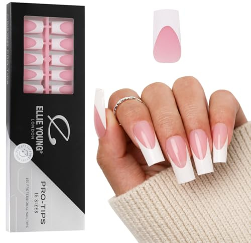 Ellie Young PROTIPS 150pcs French Nail Tip Pre-designed Press-On Nails, 15 Sizes Soft Gel Nail Extensions for DIY Nail Art & Polish (ONLY NAILS) Pink Long Square