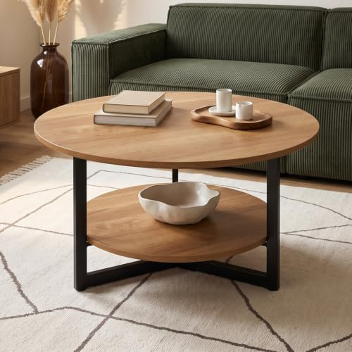 skølm Drakkar Couchtisch Ø70 cm, Eichenholz massiv, 2 Ablagen, Natur | Wohnzimmertisch mit Metallgestell, Sofatisch, Beistelltisch, Holztisch geölt, Coffee Table, Wohnzimmermöbel, Loungetisch