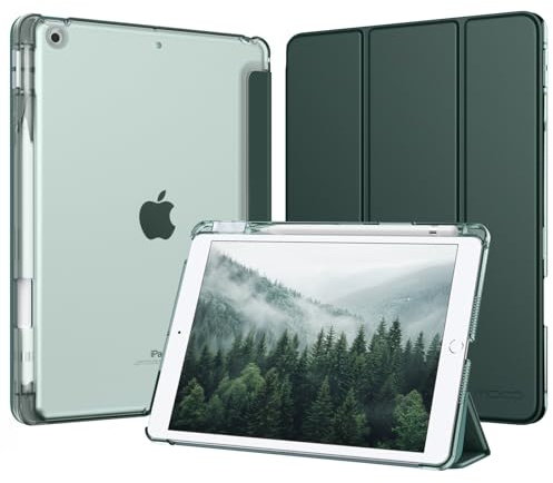 MoKo Coque pour iPad 9e/8e/7e Génération 10,2 Pouces avec Porte-Stylet | Pour iPad 10,2 Coque 2021/2020/2019, Mince Léger Étui à Trois Volets avec Coque PC Arrière Translucide Robuste, Vert Nuit