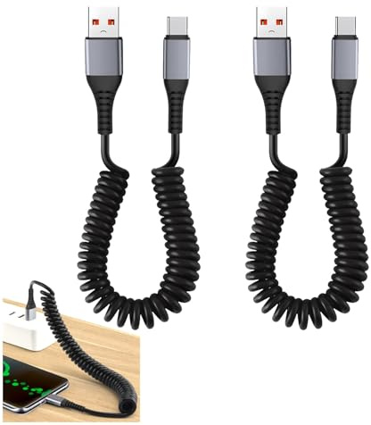 Juego de 2 Cables en Espiral USB C a USB A para Carga Rápida y Sincronización de Datos, Ideal para Android Auto, Samsung, Xiaomi, Huawei, con Longitud Ajustable hasta 1 Metro, Color Negro