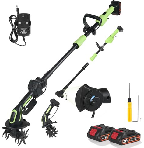Rasentrimmer mit Akku, 21V Elektrische Bodenhacke mit 2 Akkus 3000mAh | Rasentrimmer mit Unkrautbürste mit Sternfräse, 10 cm Arbeitstiefe, Gartenfräse Motorhacke für Auflockern und Kompostieren