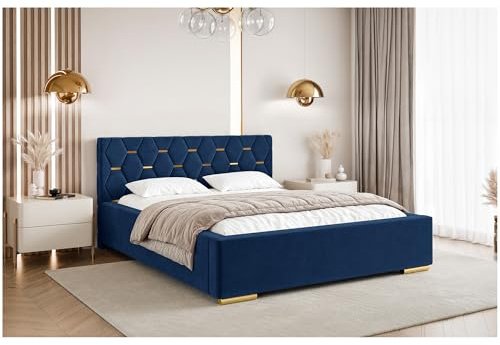 MEBLINI Versal Polsterbett 180x200 mit Stauraum - Lattenrost und Bettkasten - Kopfteil Bett mit Stauraum - Doppelbett - Stauraumbett - Betten - 180x200 - Blau Samt ohne Matratze