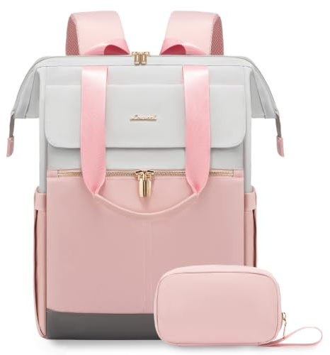 LOVEVOOK Laptop Rucksack Damen, 17,3 Zoll, Hellgrau & Rosa | Backpack Women Elegant, Tagesrucksack Handtasche 2 in 1, 15,6 Zoll Arbeitstasche Lehrertasche Reiserucksack für Uni Büro